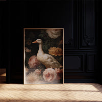 White Duck Among Blooming Peonies