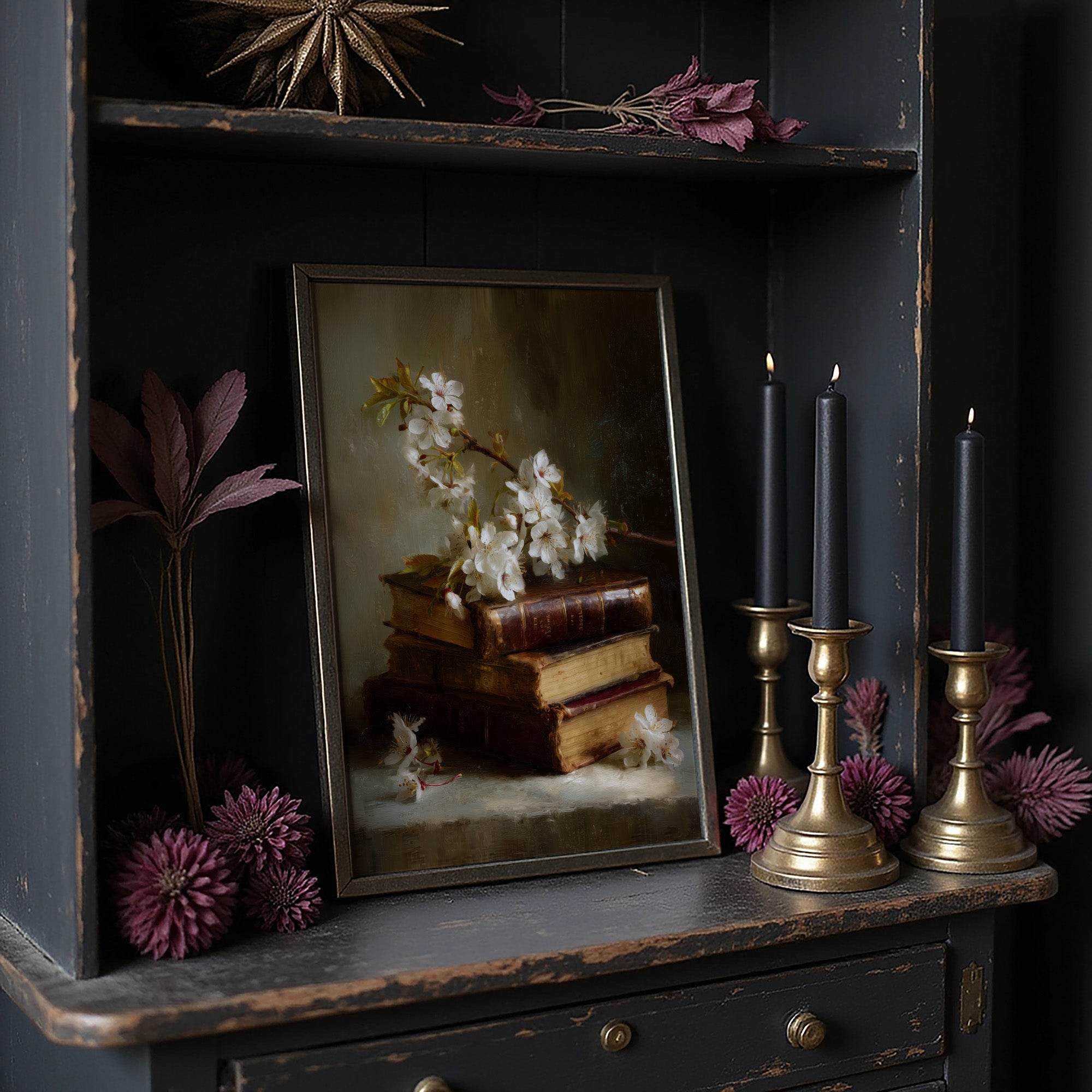 Blossoms Rest On Vintage Tomes