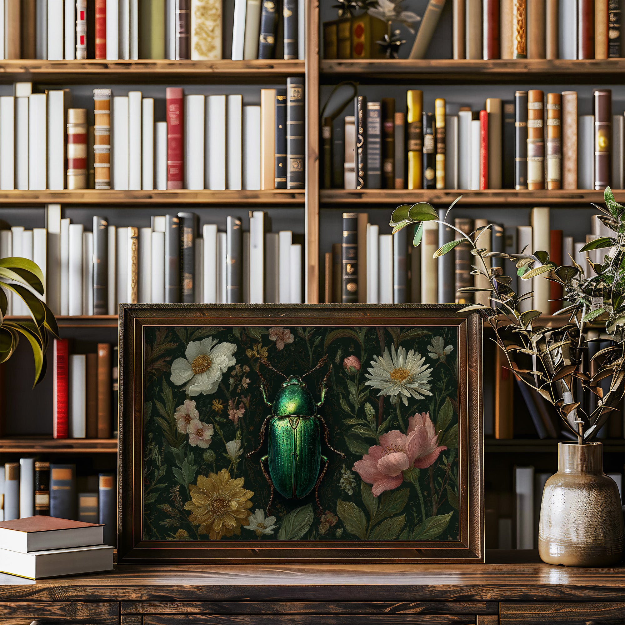 Emerald Beetle Among Garden Blooms