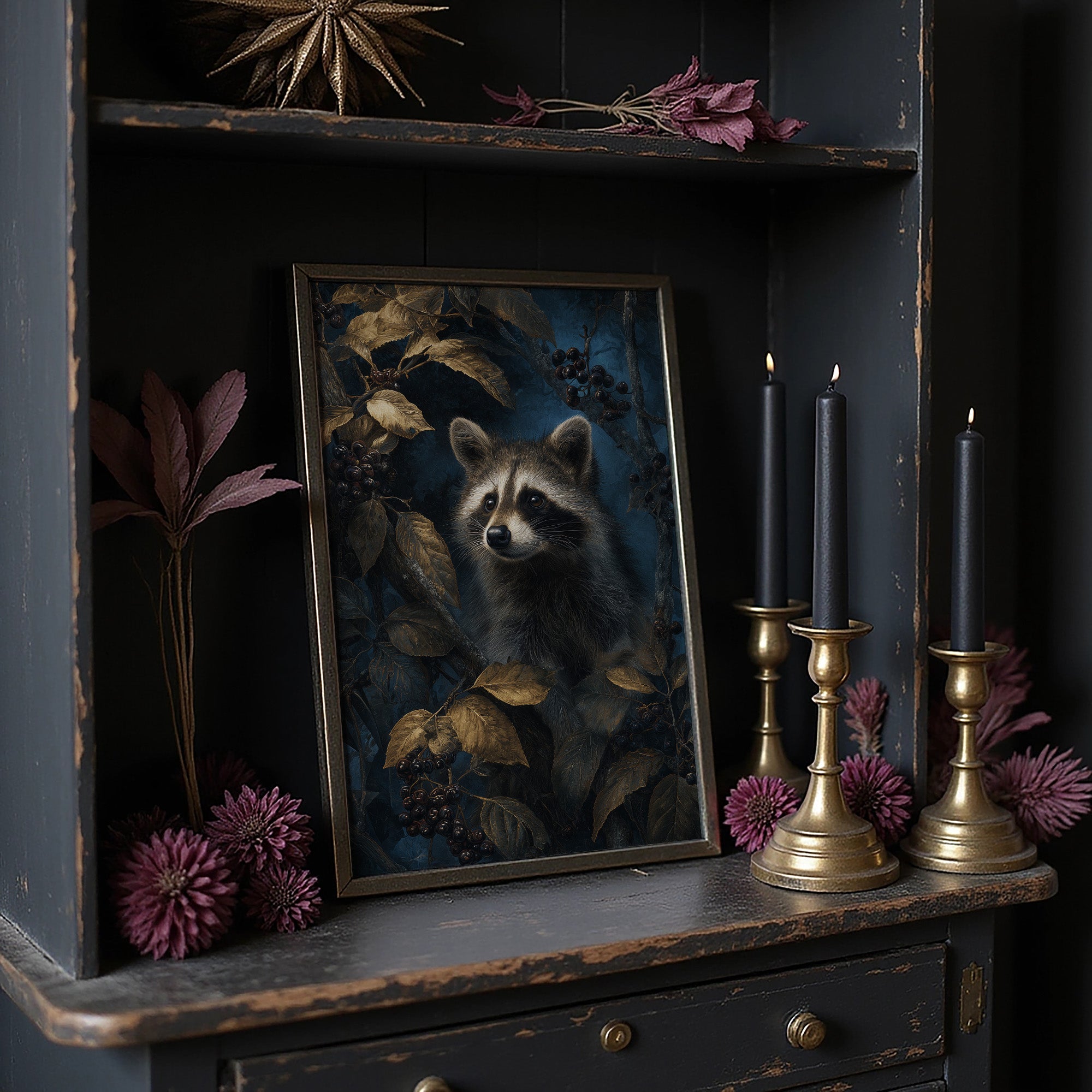 Midnight Visitor Behind Golden Leaves