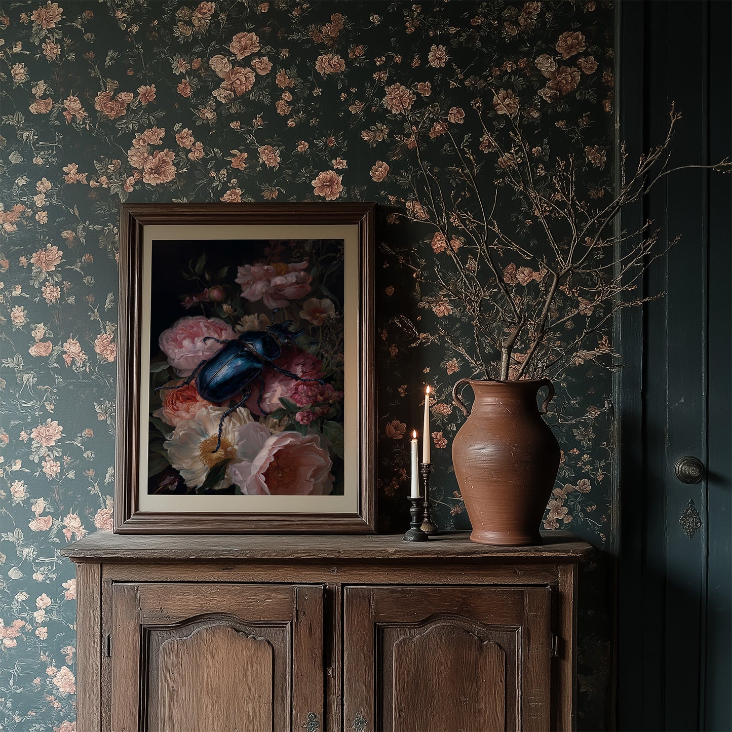 Sapphire Beetle Among Blushing Peonies