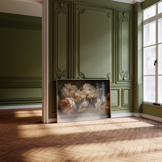 Moth Among Cream Peonies