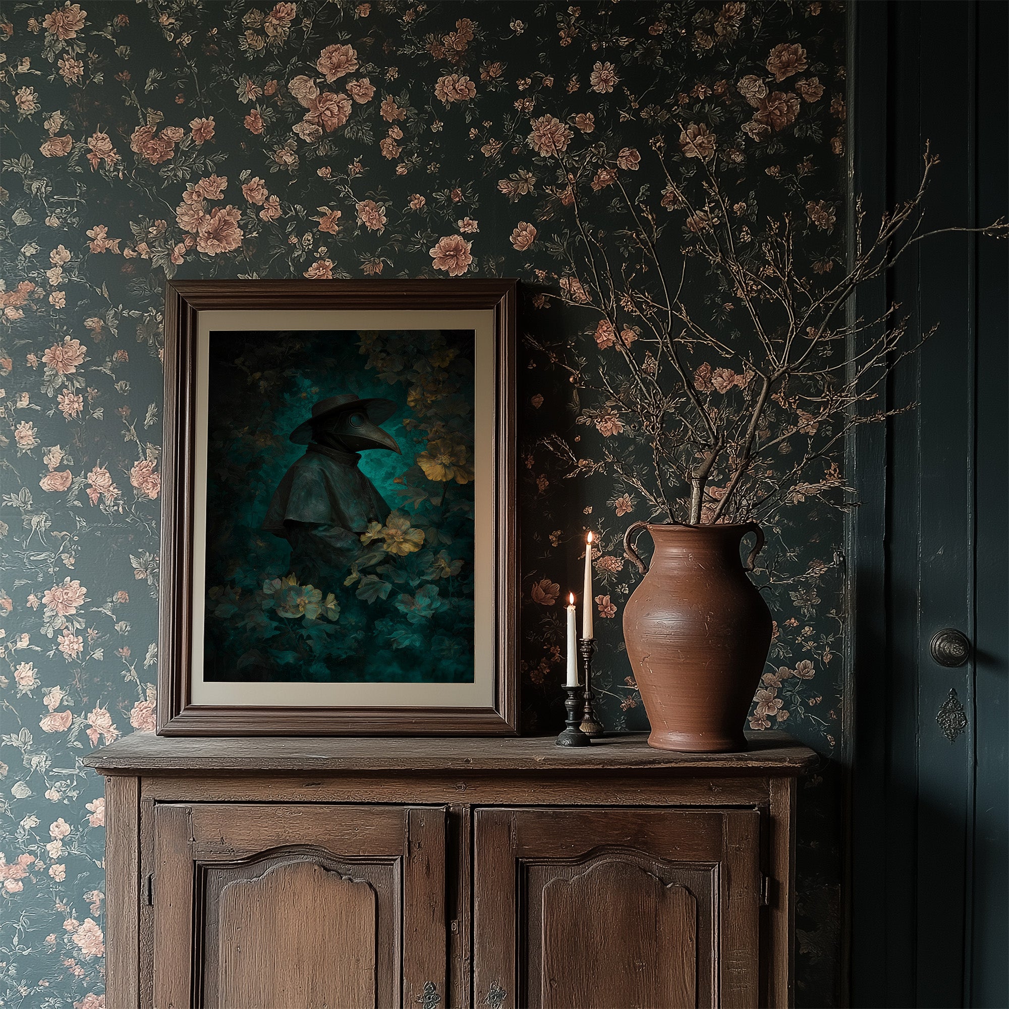 Plague Doctor Among Pale Blossoms