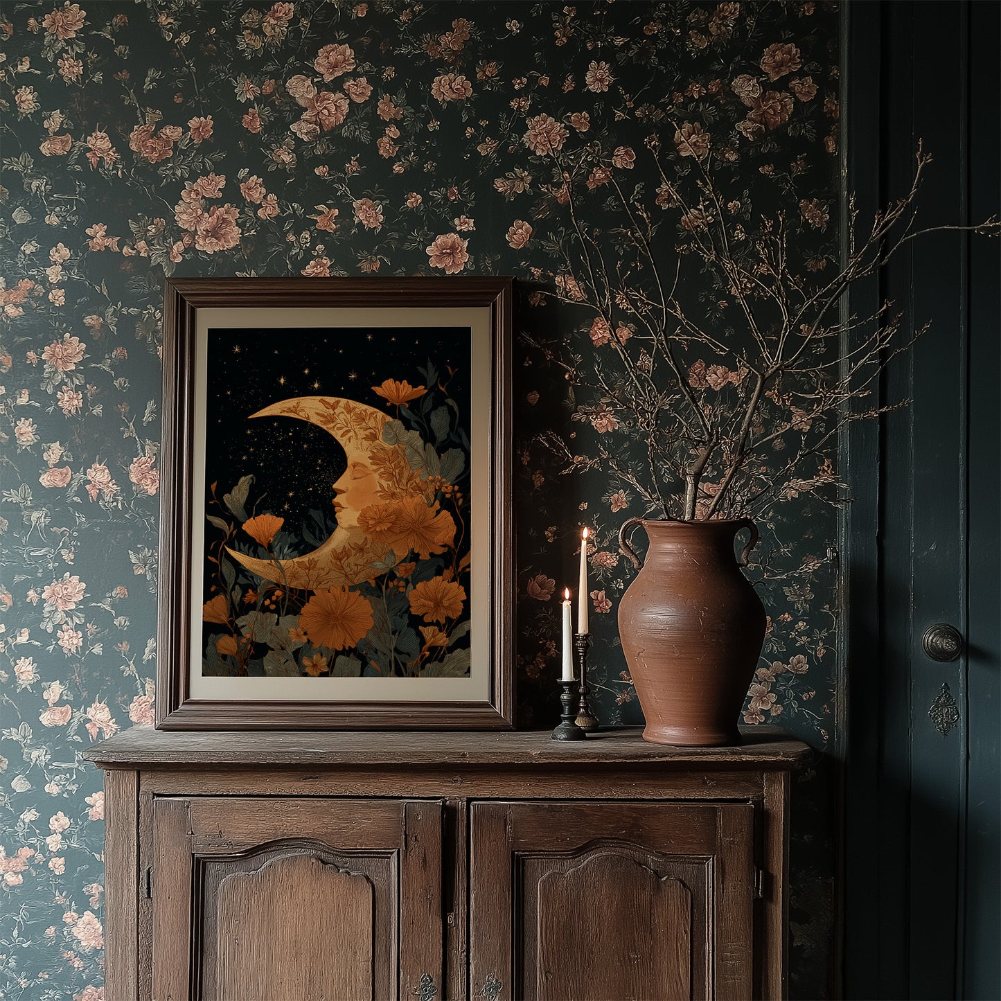 Copper Crescent Among Starlit Petals