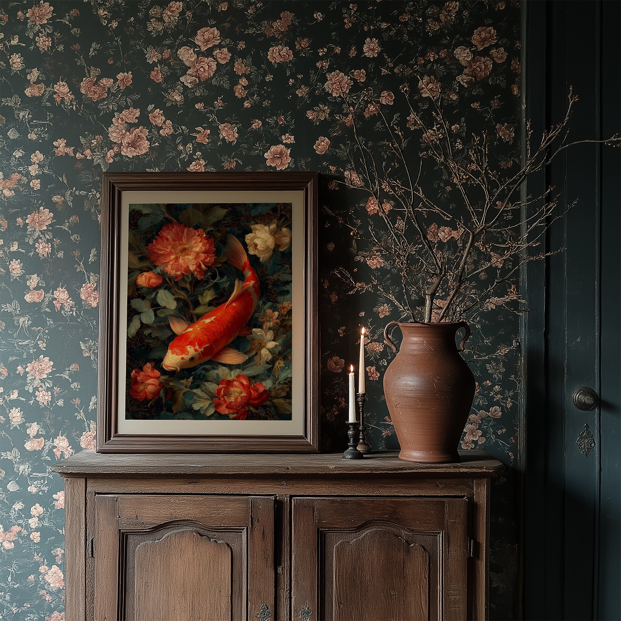 Scarlet Fins Among Coral Peonies