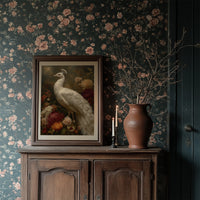 White Peacock Among Blooming Peonies