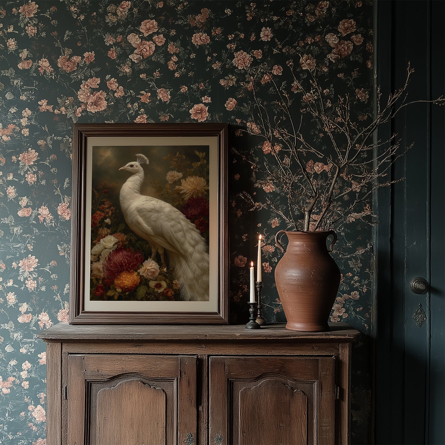 White Peacock Among Blooming Peonies