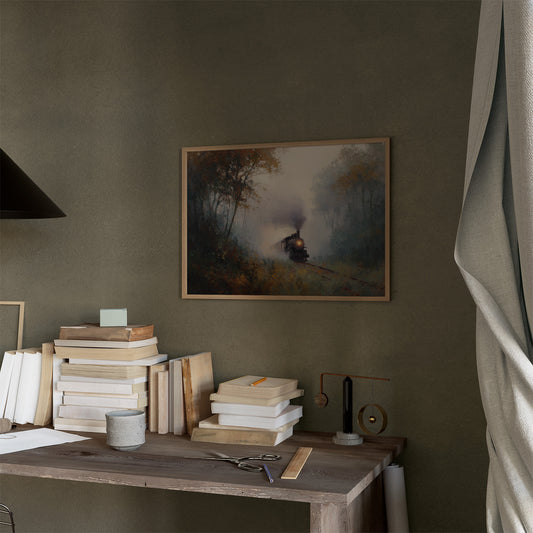 Autumn Train Through Misty Woods