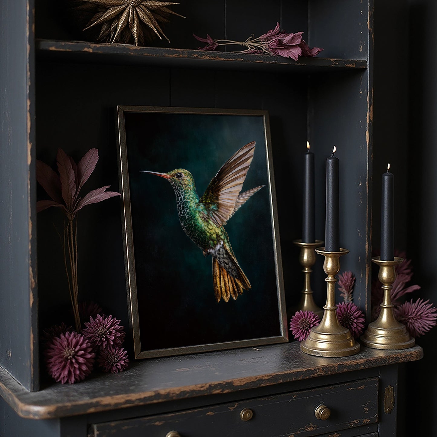 Jeweled Flight Against Midnight Teal