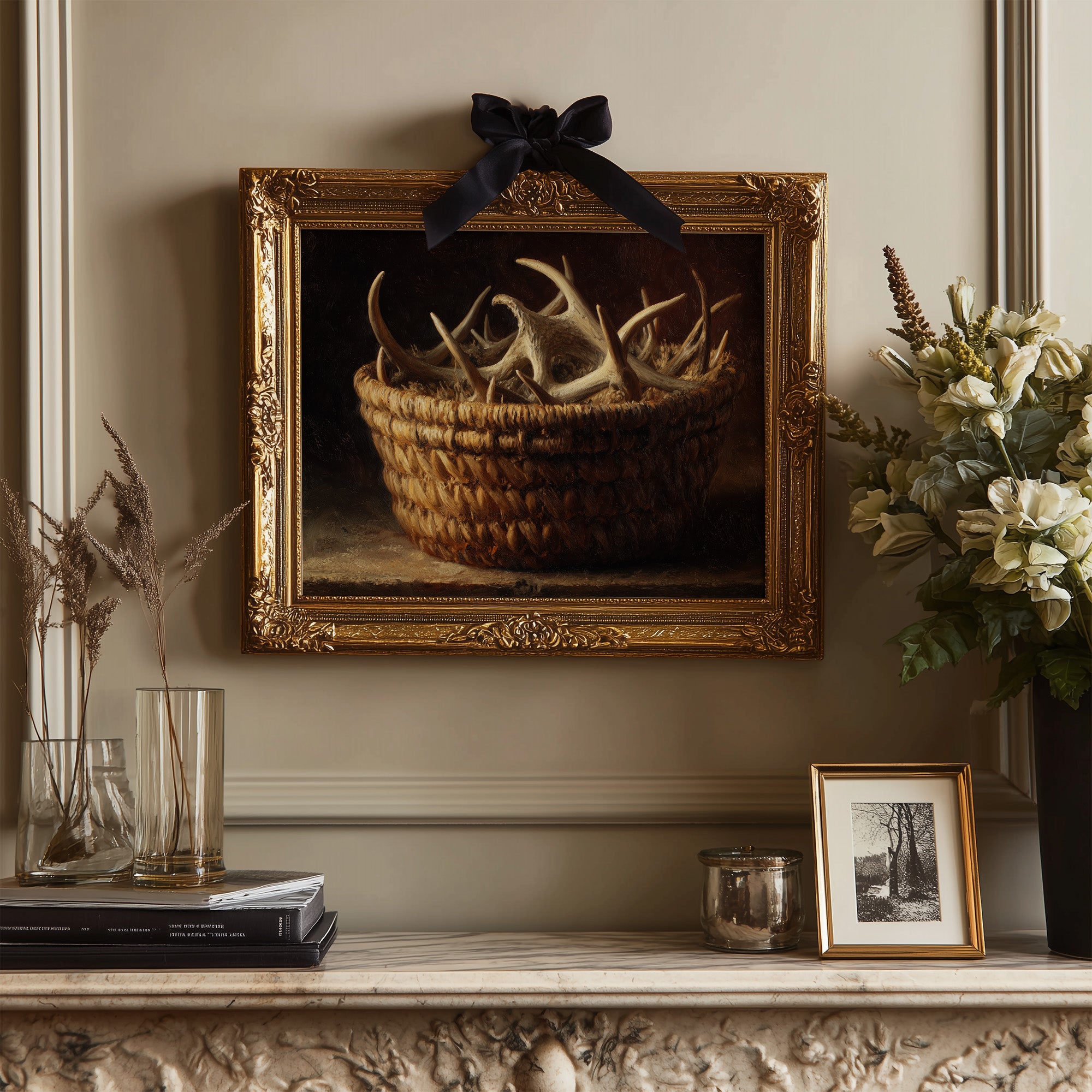 Antlers Gathered In Woven Basket