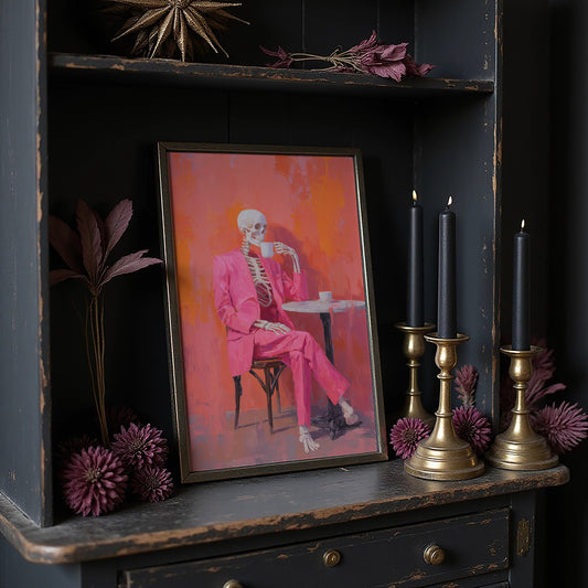 Fuchsia Suit Sips Eternal Coffee
