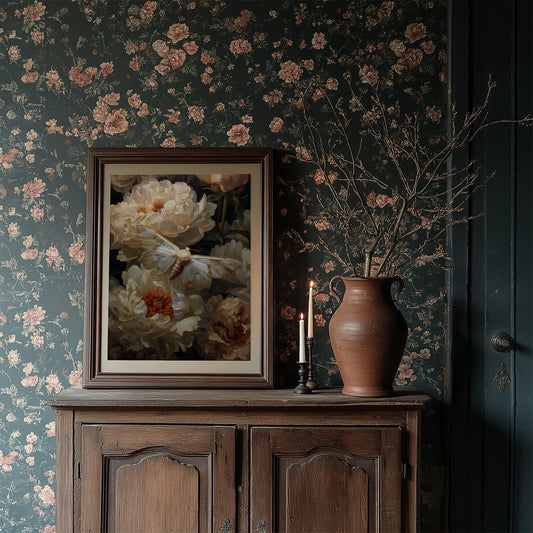 Moth Dances Among Ivory Blooms