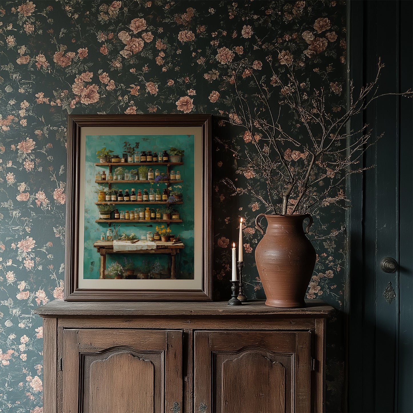 Apothecary Secrets Against Teal Walls