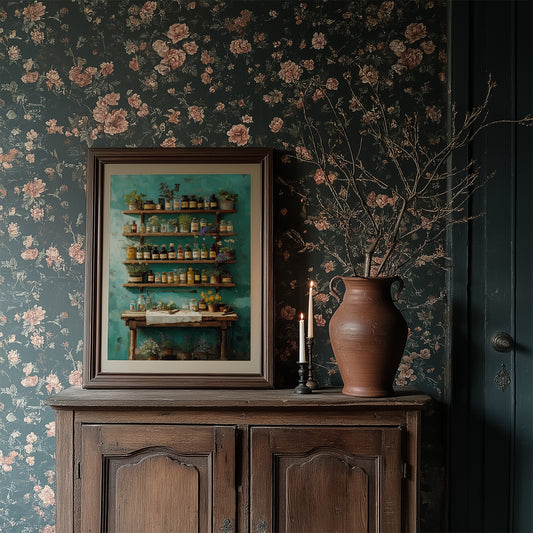 Apothecary Secrets Against Teal Walls