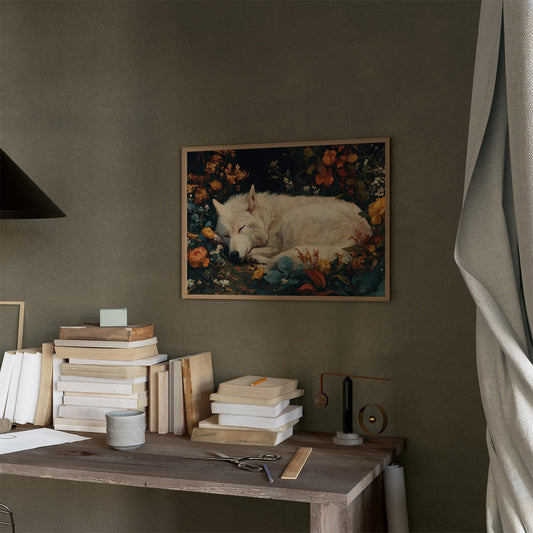 White Wolf Among Autumn Blooms