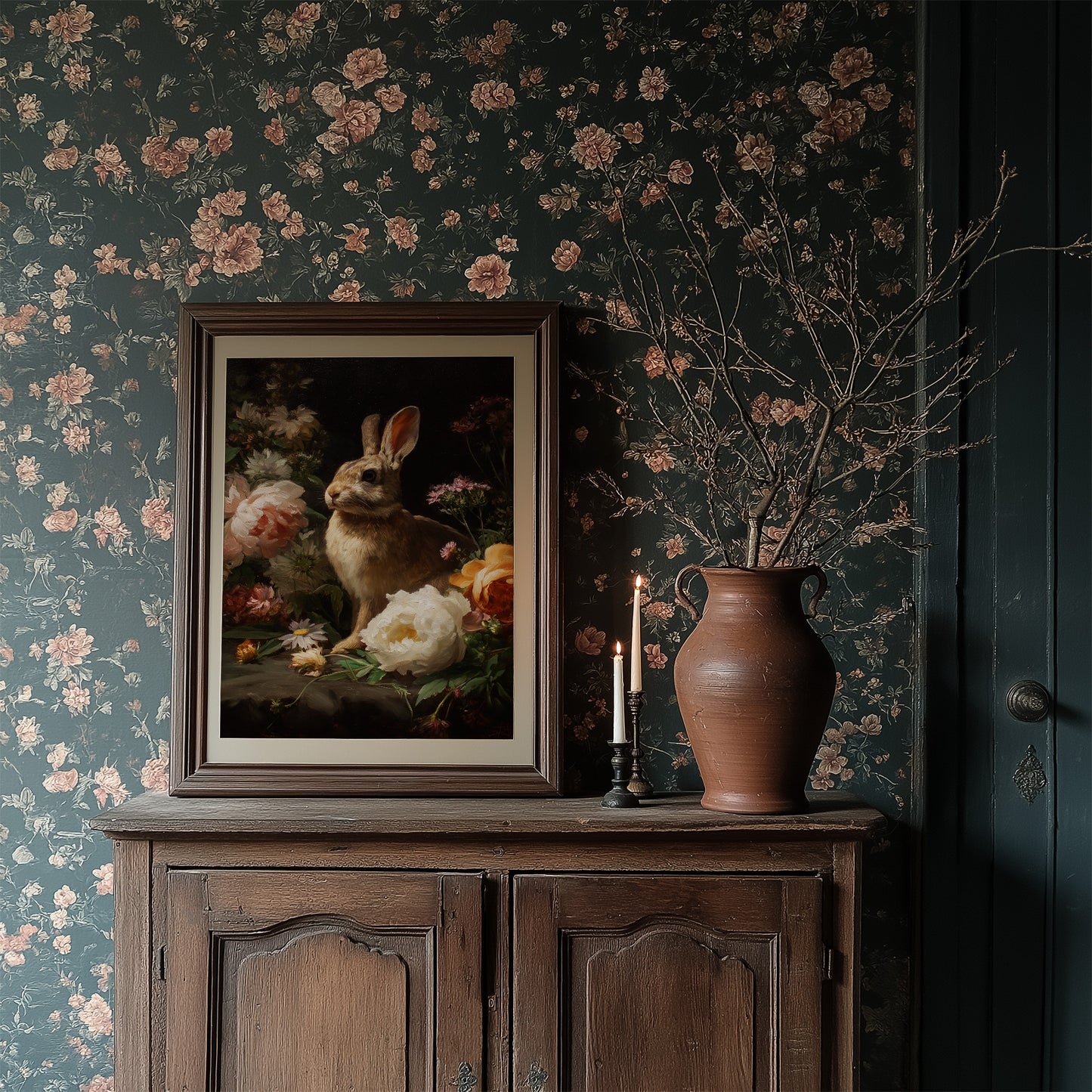 Rabbit Among Blooming Peonies