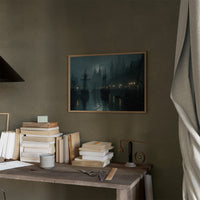 Harbor Lights Beyond Foggy Spires