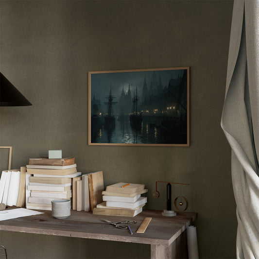 Harbor Lights Beyond Foggy Spires