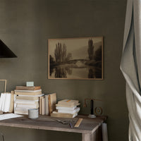 Foggy Bridge Among Tall Poplars