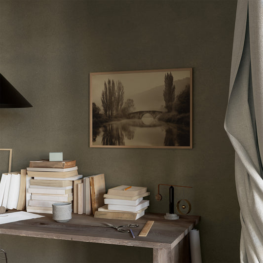 Foggy Bridge Among Tall Poplars