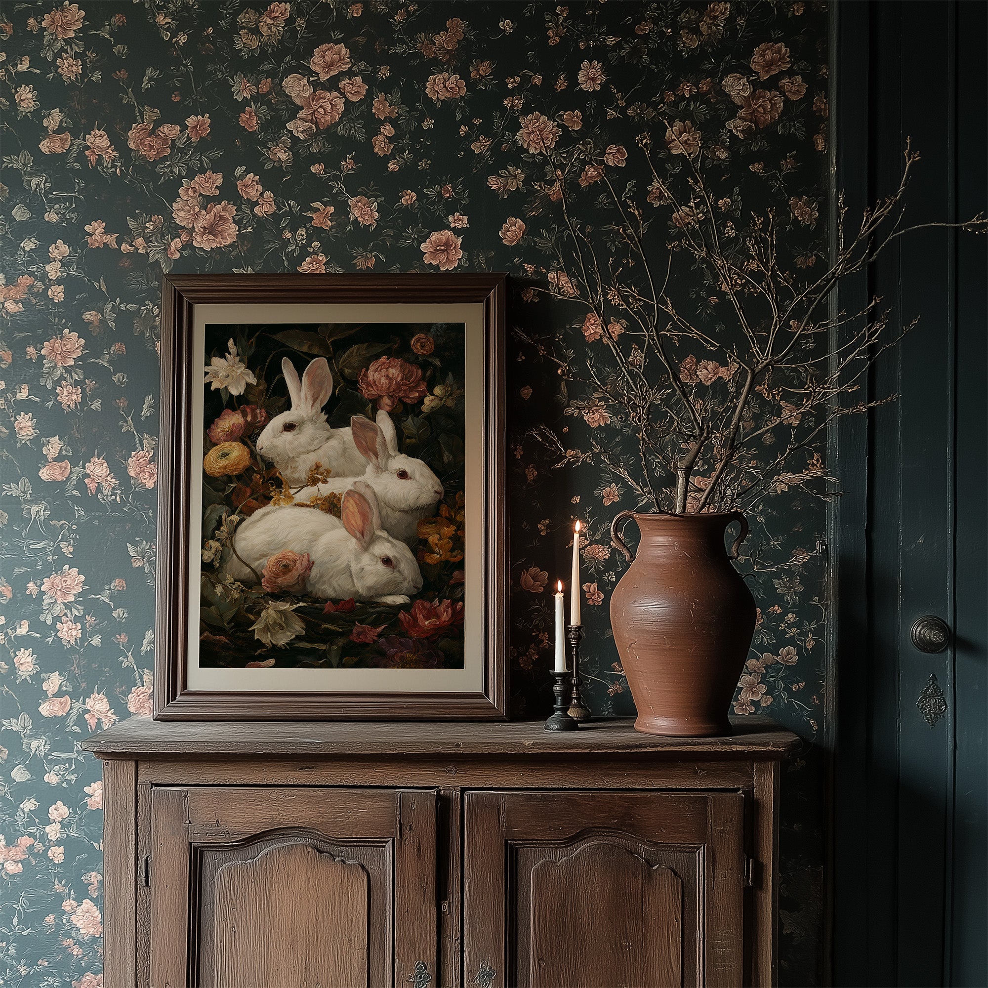 White Rabbits Among Velvet Blooms