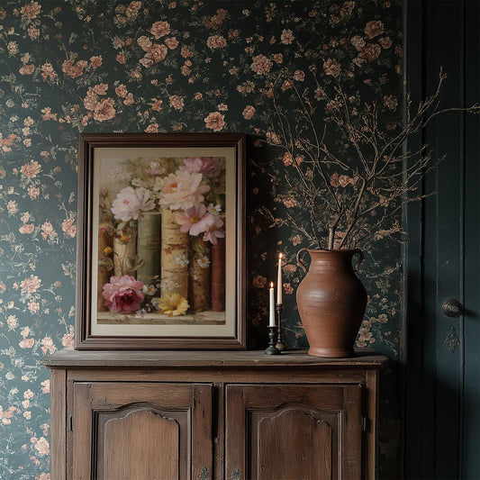 Peonies Rest Among Vintage Volumes