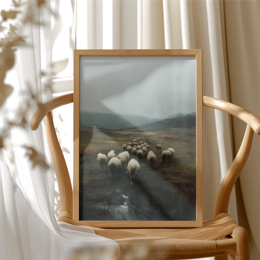 Flock Wanders Through Misty Moors