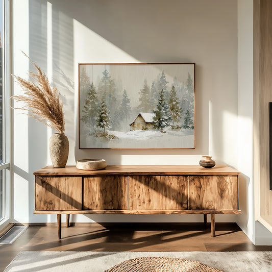 Cabin Nestled Among Frosted Pines