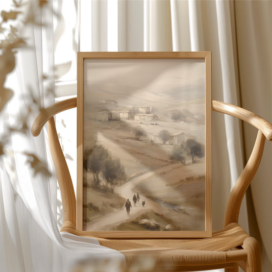 Travelers On Misty Village Path