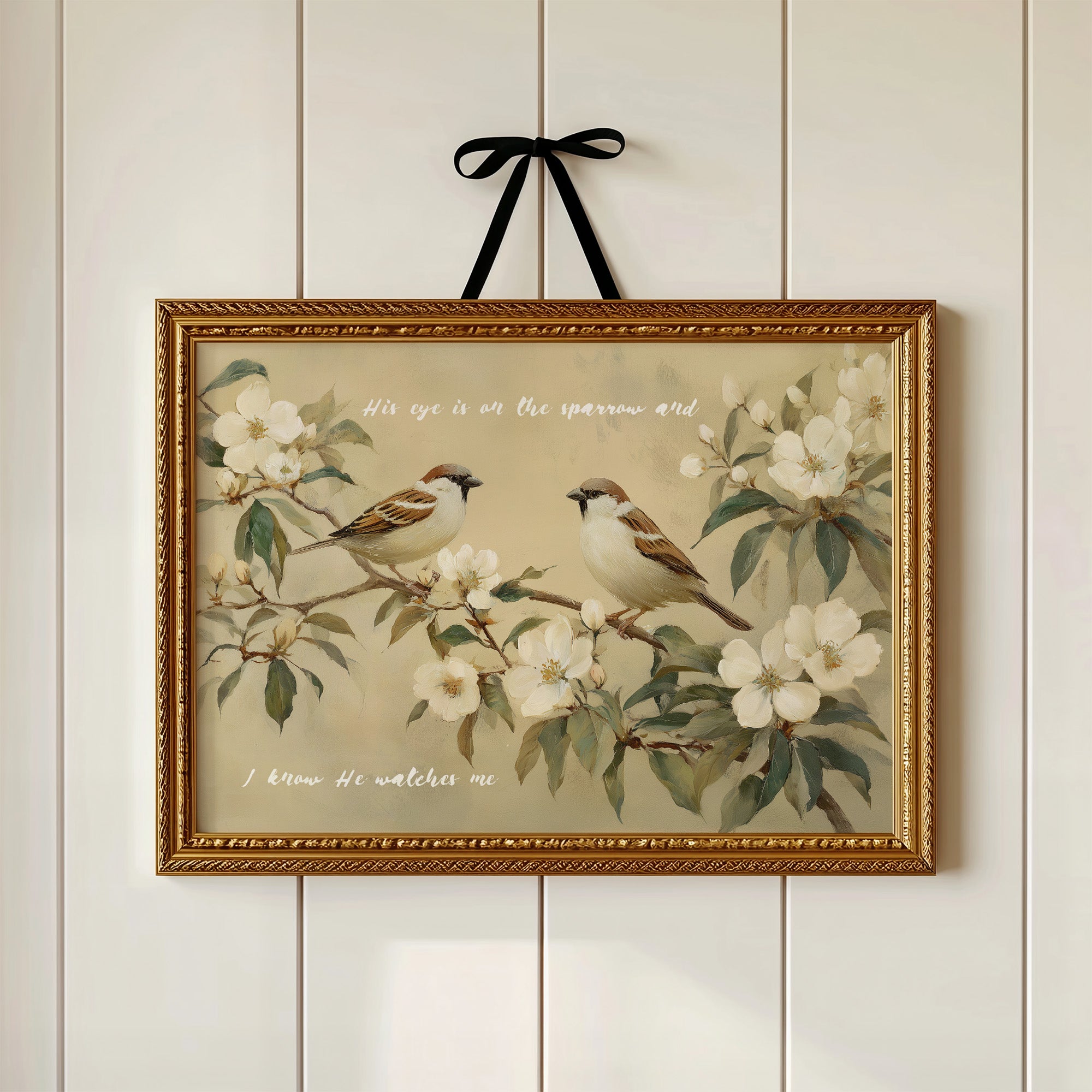 Sparrows Rest Among Blossom Branches