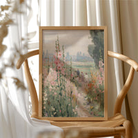 Hollyhock Promenade Through Summer Haze