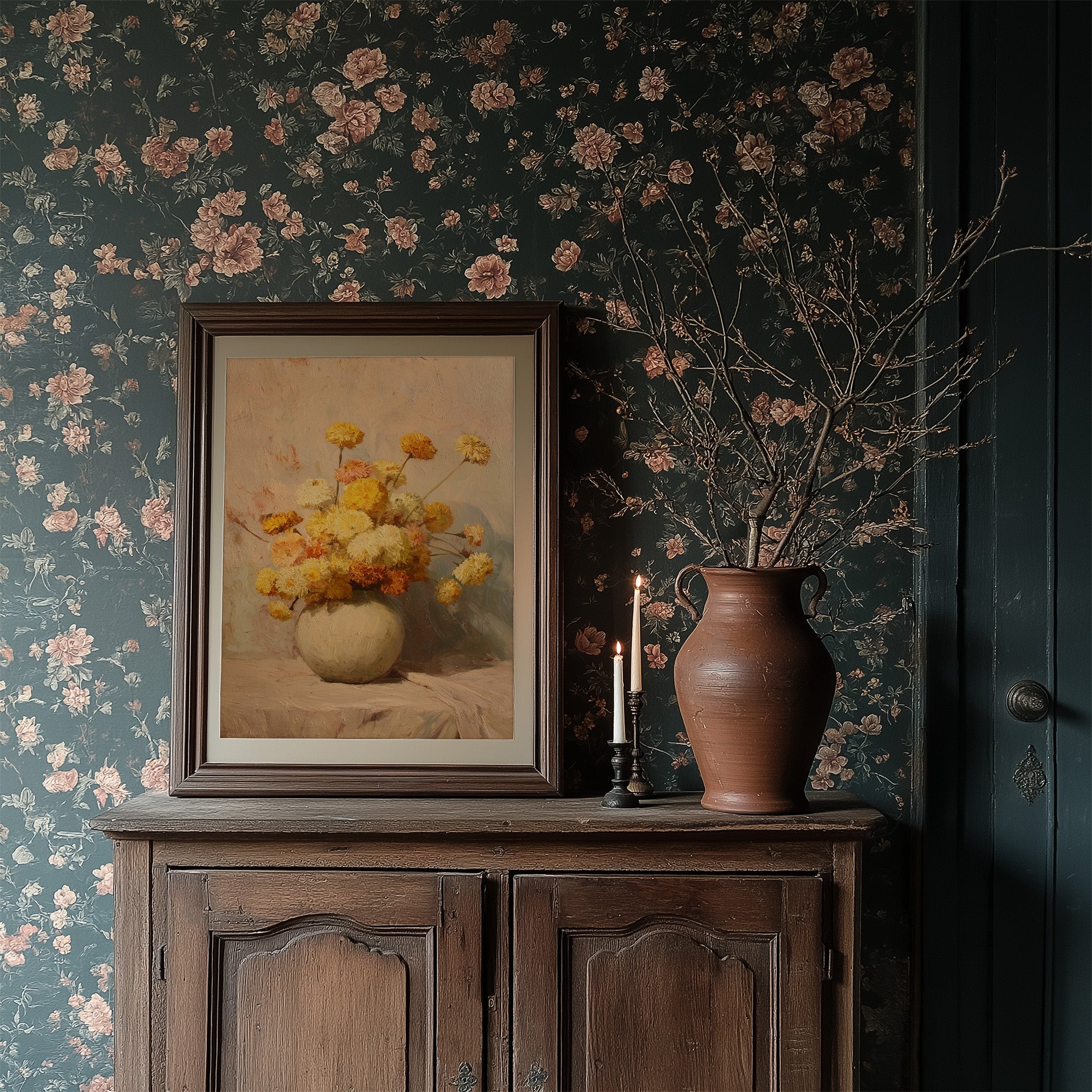 Sunlit Chrysanthemums in Cream Pottery