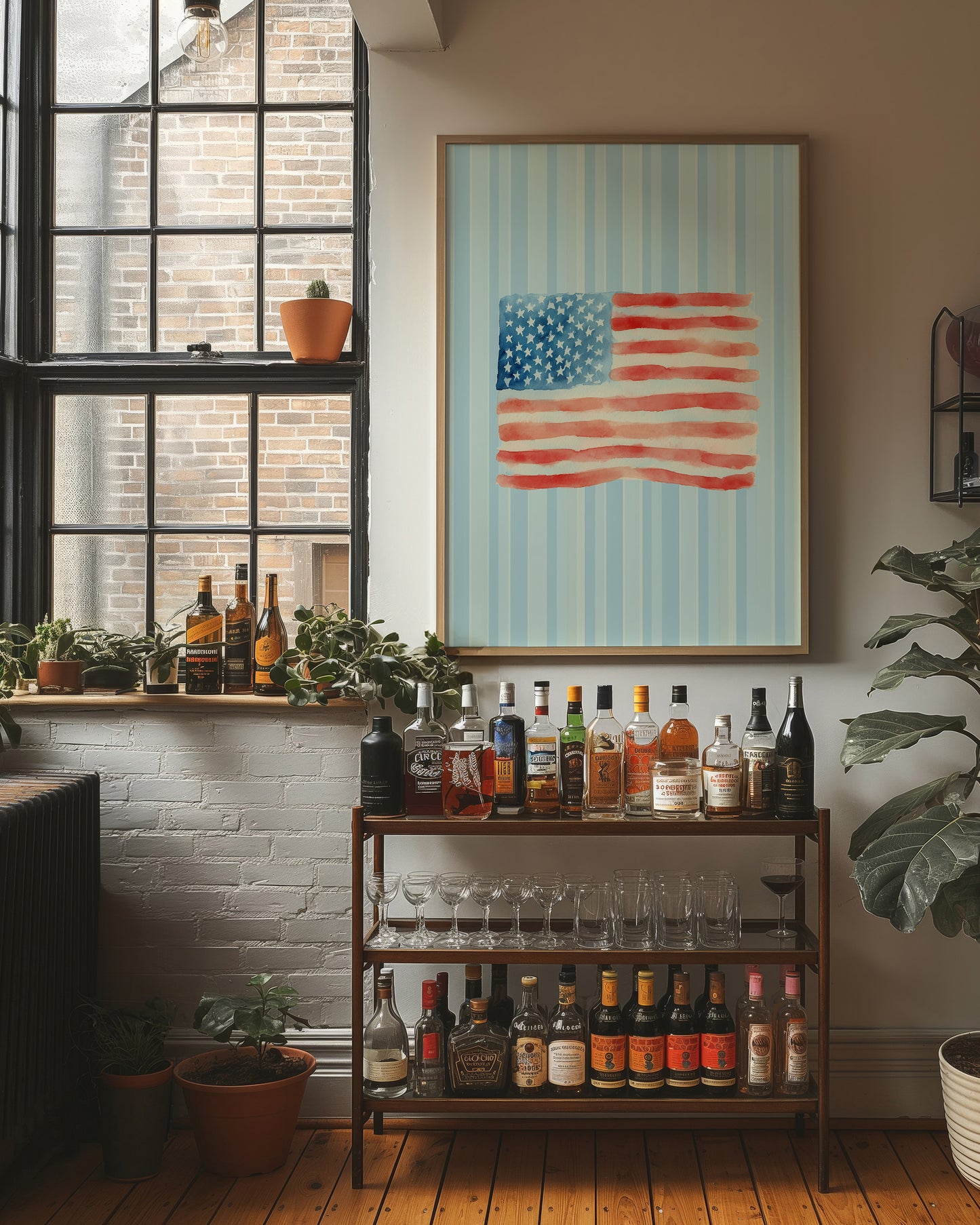 Watercolor Patriotism on Striped Blue