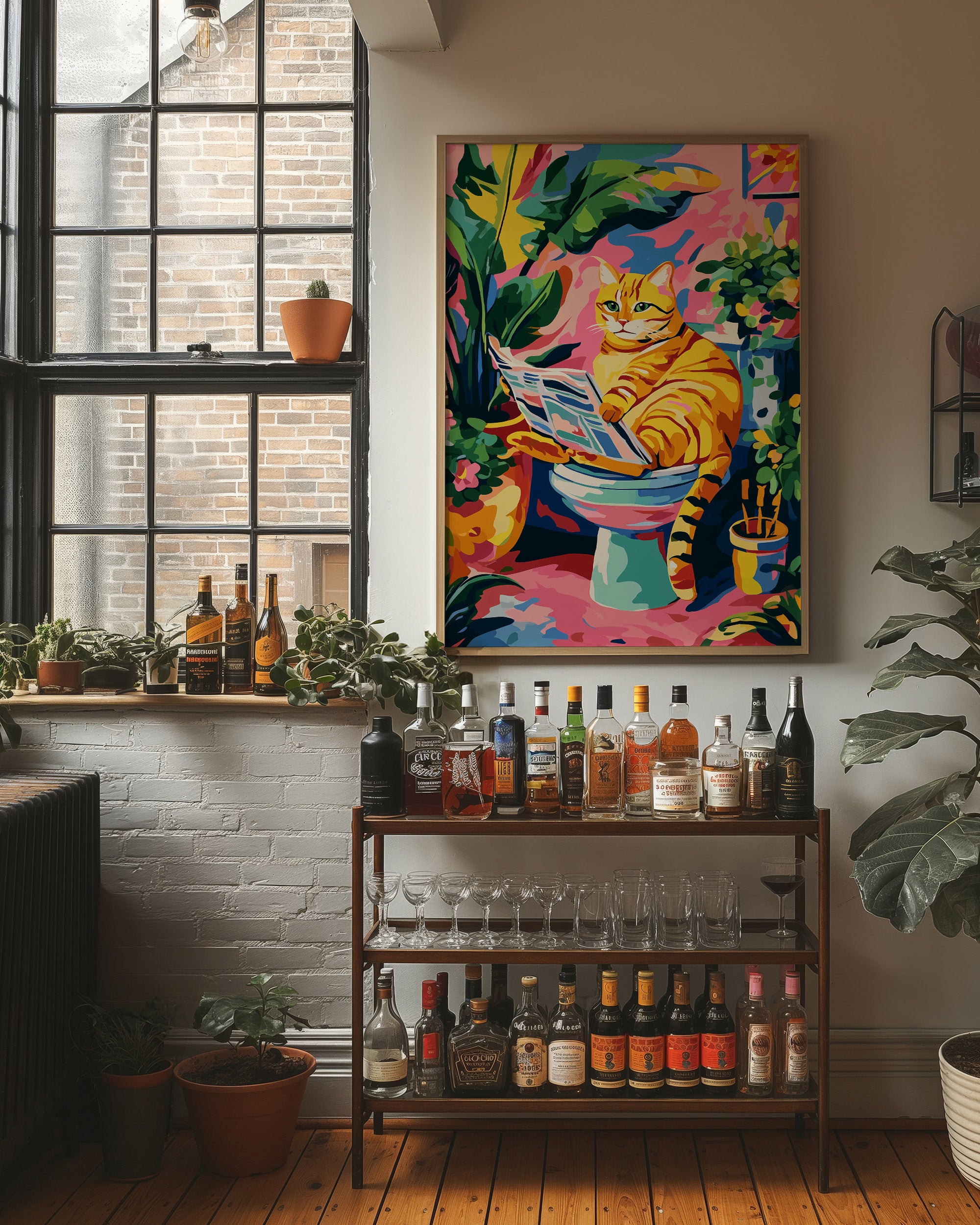 Feline Literary Moment in Vibrant Jungle