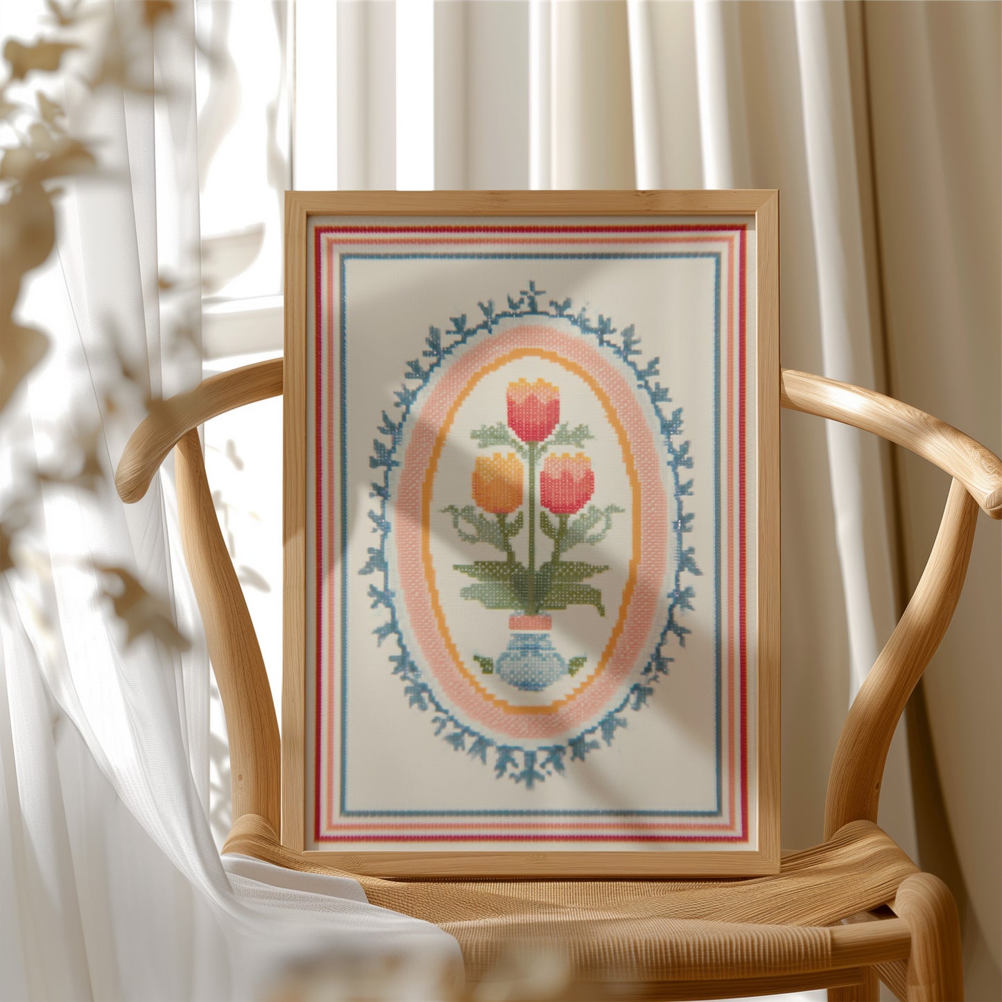 Tulip Trio in Cross-Stitch Medallion