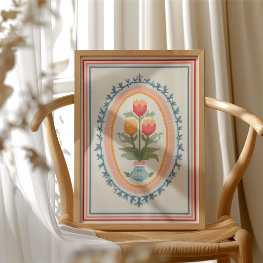 Tulip Trio in Cross-Stitch Medallion