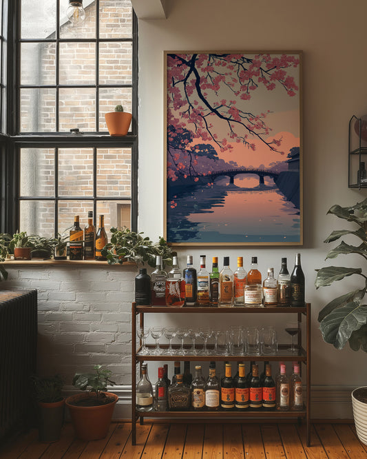 Cherry Blossoms Frame the Evening Bridge