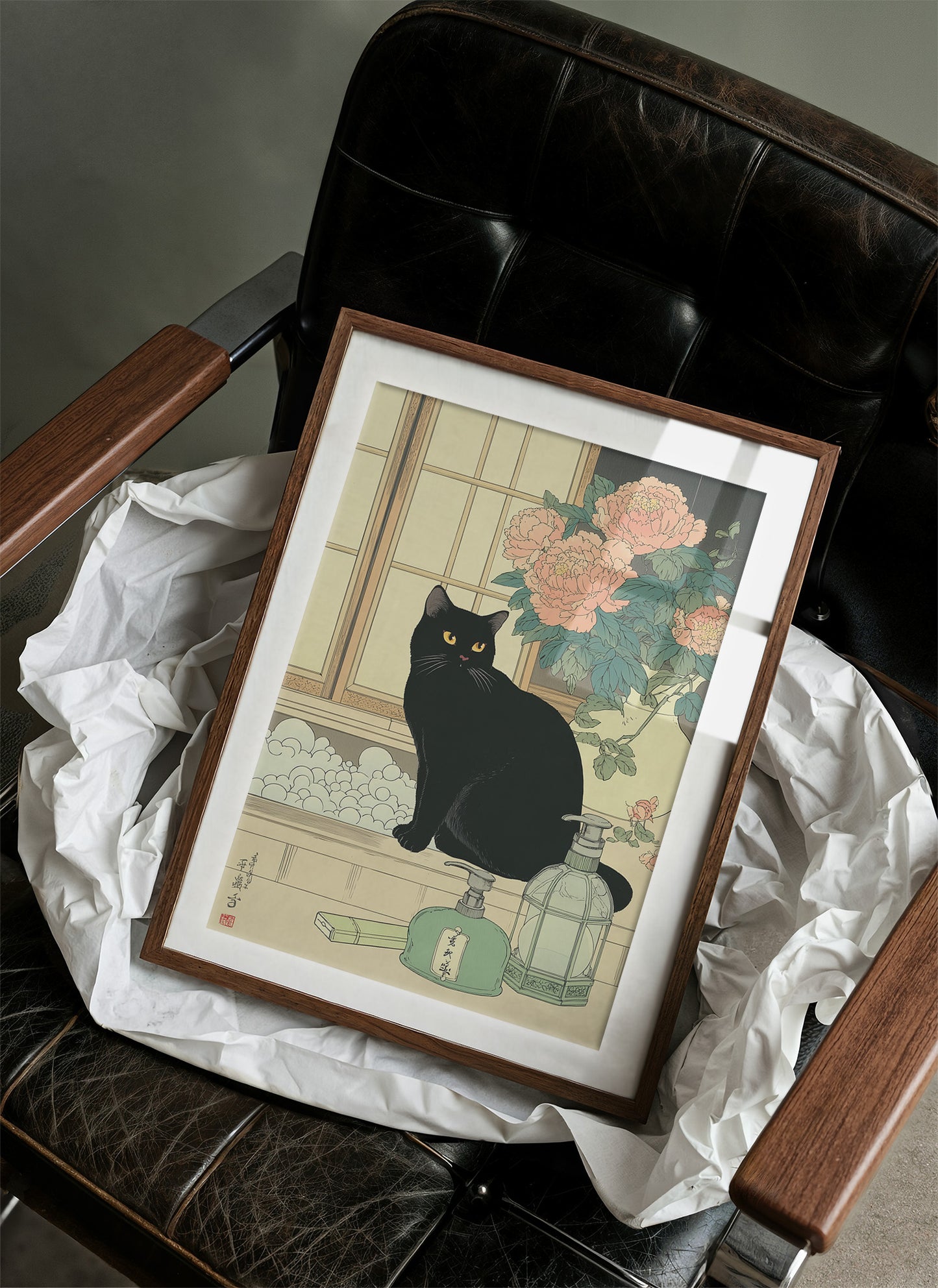 Black Cat Guards Peony Garden