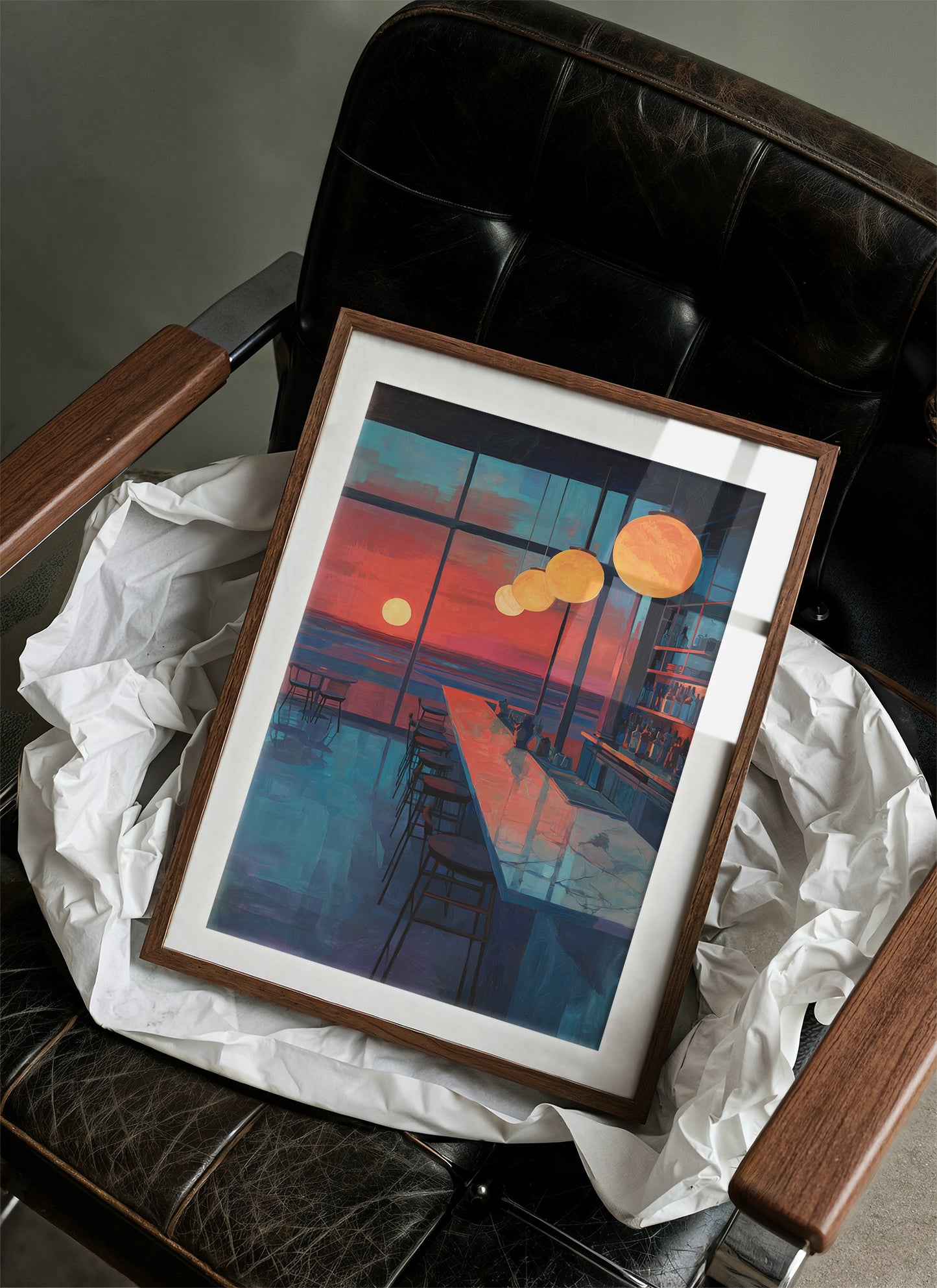 Lanterns Float Above Empty Barstools