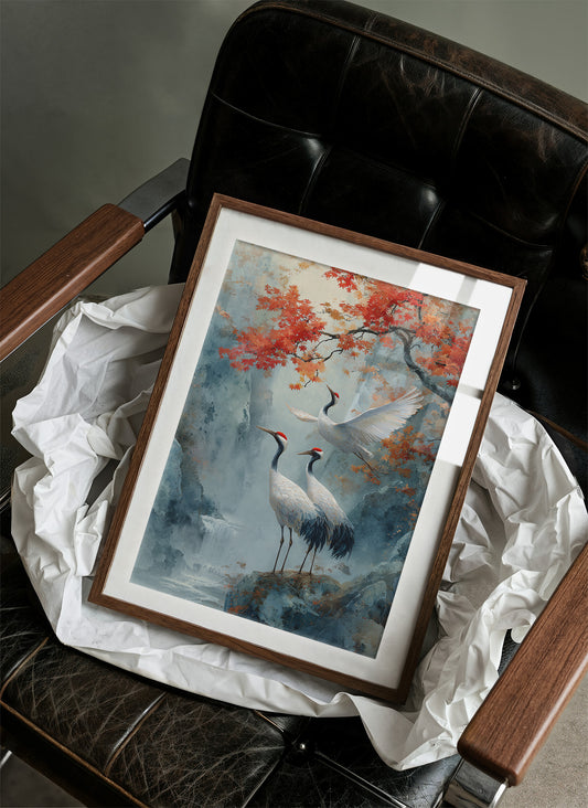 Cranes Dance Below Maple Fire