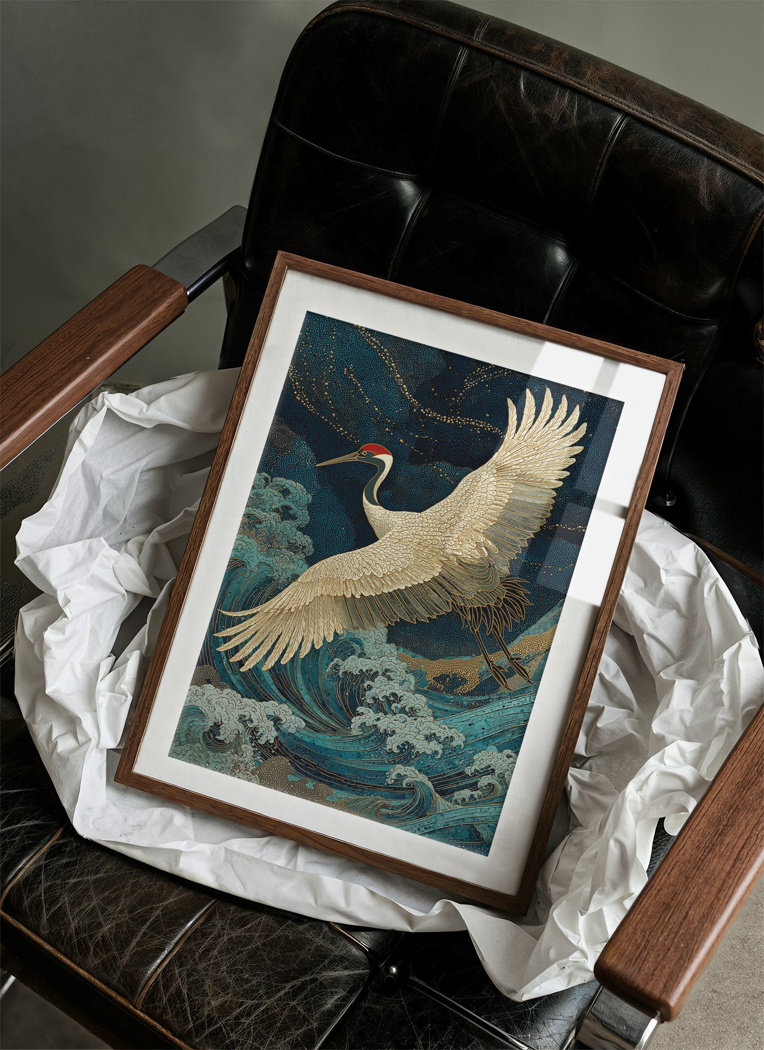 Crane Soars Through Starlit Waves