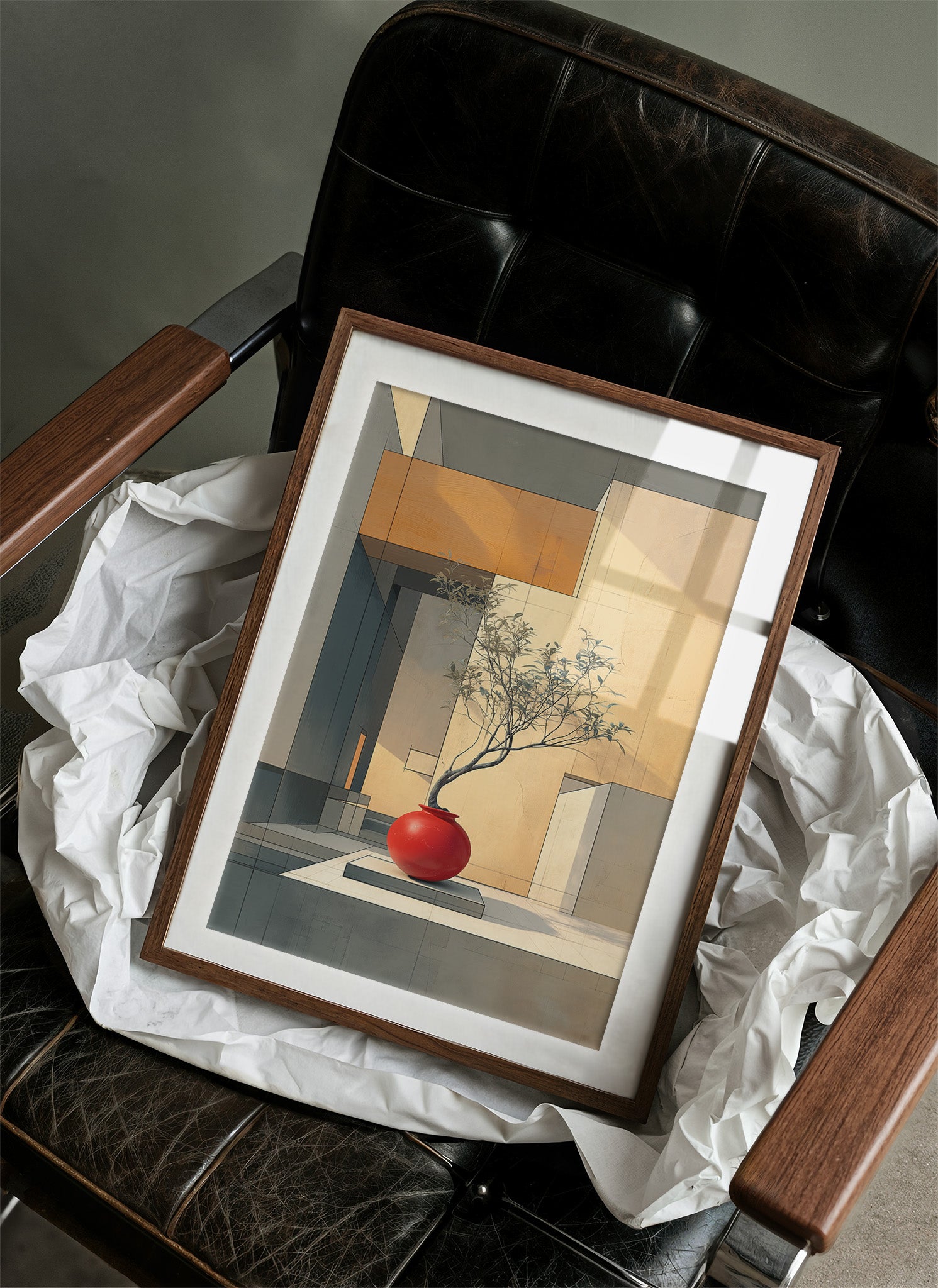 Red Vase Holds Geometric Sunlight