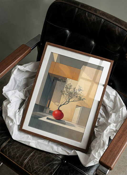 Red Vase Holds Geometric Sunlight