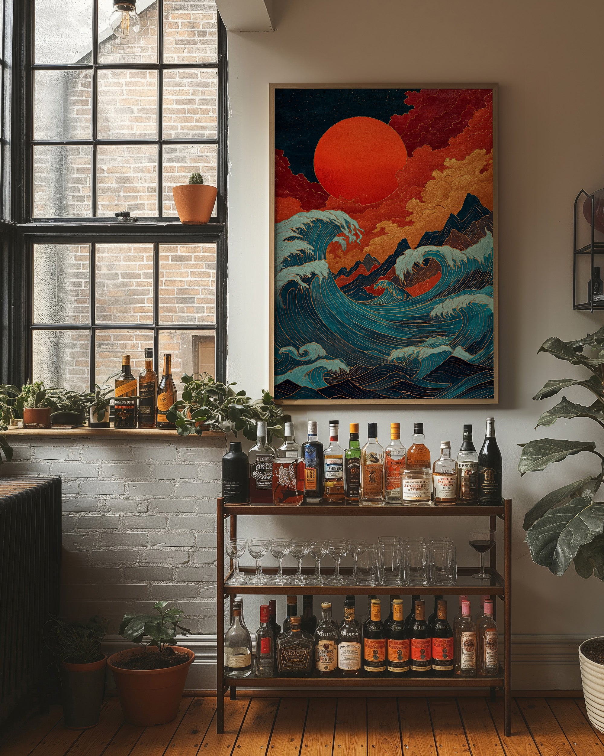 Ocean Flames Dance Under Crimson Moon