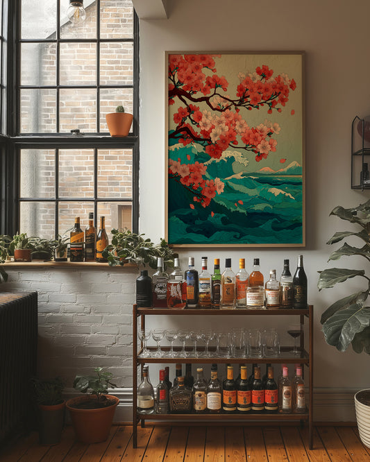 Cherry Blossoms Dance Above Emerald Seas