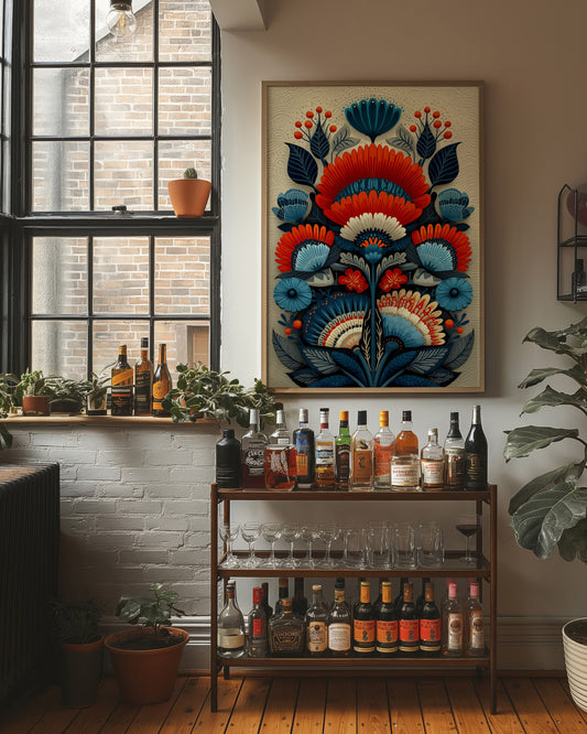 Folk Blooms Dance In Coral Blue