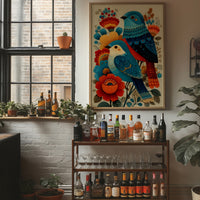 Blue Bird Sings Among Coral Blooms