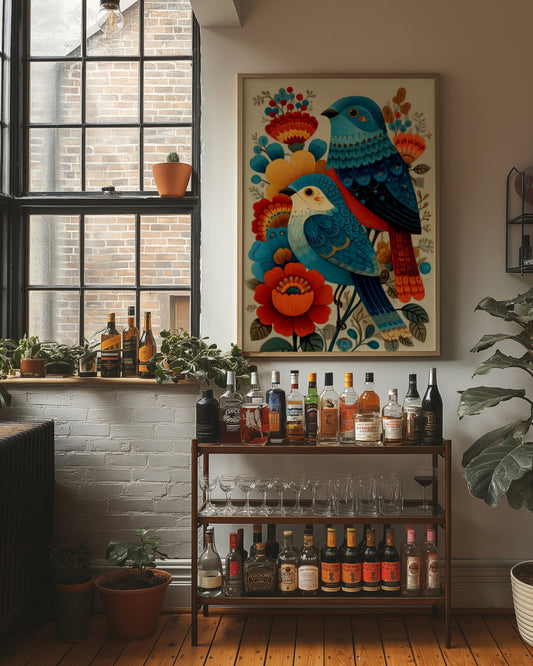 Blue Bird Sings Among Coral Blooms