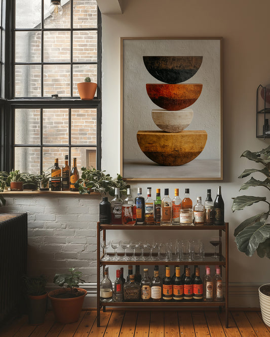 Stacked Bowls Above City Spirits