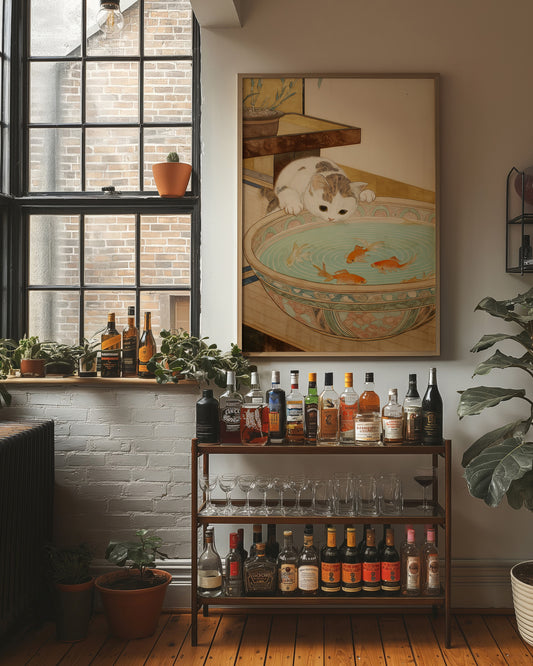 Curious Cat Meets Koi Below